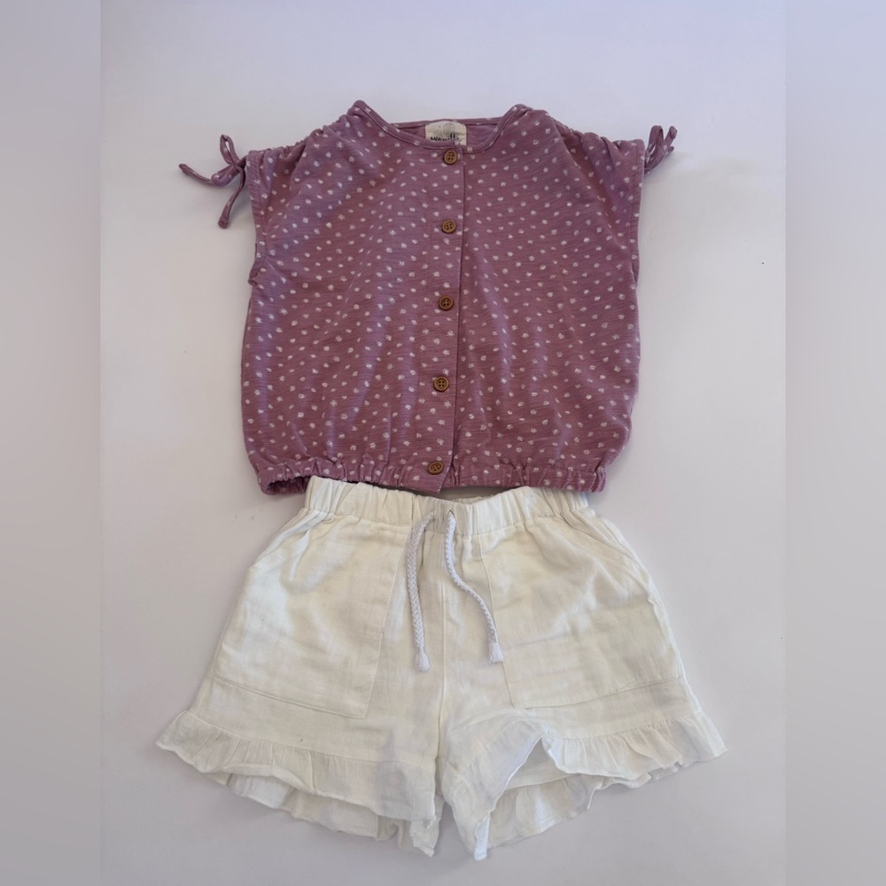 Purple Polka Dot Top and White Shorts Set